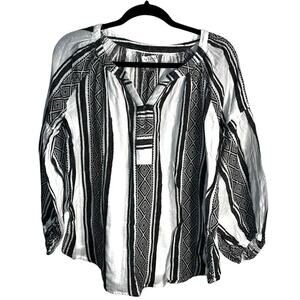 Velvet by Graham & Spencer Kimmy Jacquard Boho Cotton Blouse Black White Size L